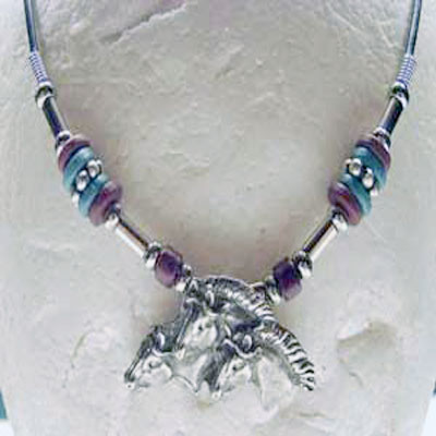  3 Pewter Horses with Beads Pendant 