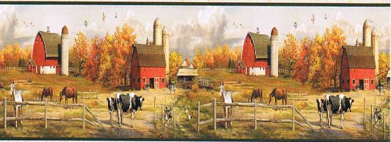 Brewster Country Barns with Chickens Burgundy Wallpaper Border  706   Wallpaper for Less Murray